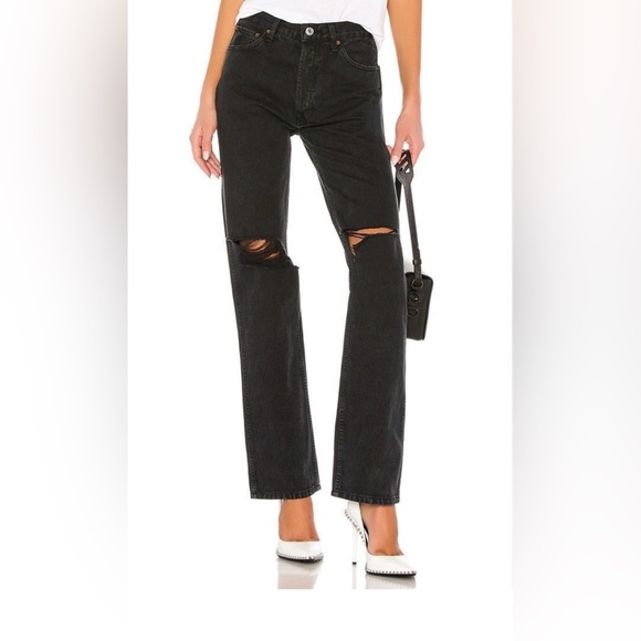 New Re/done Redone 90s High Rise Loose Fit Jeans 28 Washed Black with Rip - Picture 6 of 6